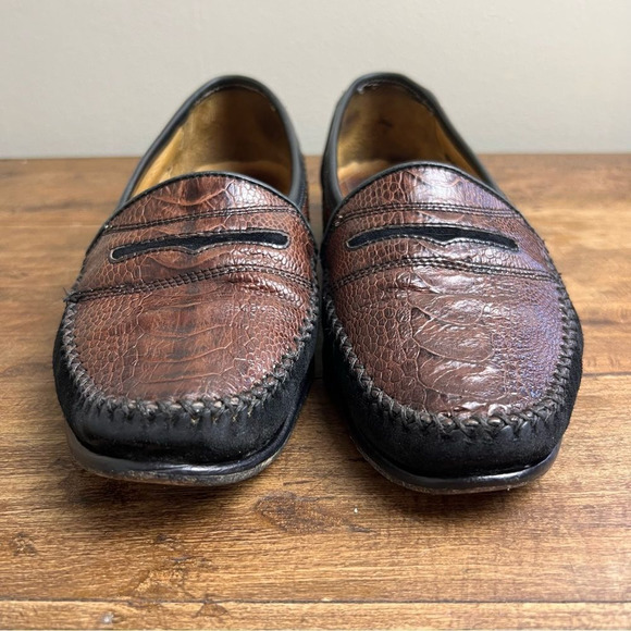Zelli Mens 9M Black Brown Genuine Ostrich Leather Handmade Italy Penny Loafers - Picture 2 of 11